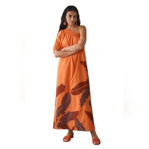 Meave By Anthropologie One Shoulder Orange Maxi Dress  Embroidered Leaf Print 2X